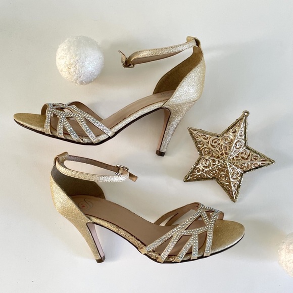 NEW Gold Sparkle Ankle Strap Heels w Rhinestones Open Toe Party Shoes Size 6.5 - Picture 4 of 7